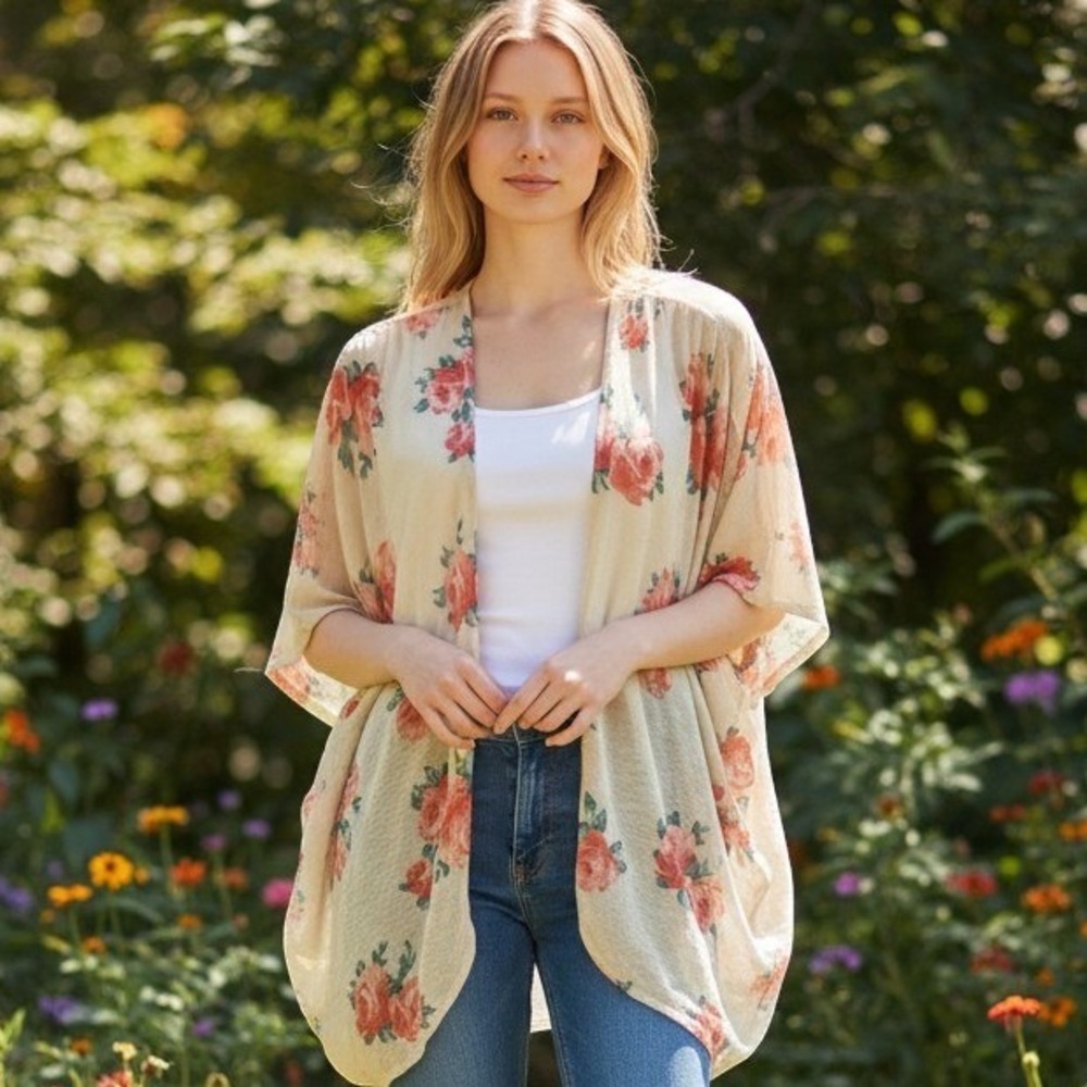 Painted Threads M Green Orange Floral Open Cardigan Preppy Cottage Garden